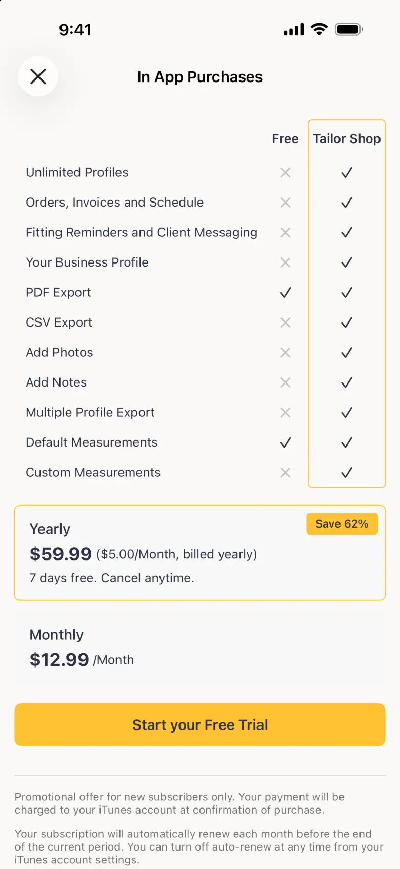 The app's own plan comparison screen, listing unlimited profiles, orders, invoices and schedule, fitting reminders, client messaging, business profile, PDF and CSV export, photos, notes and custom measurements, above the yearly and monthly plan cards.