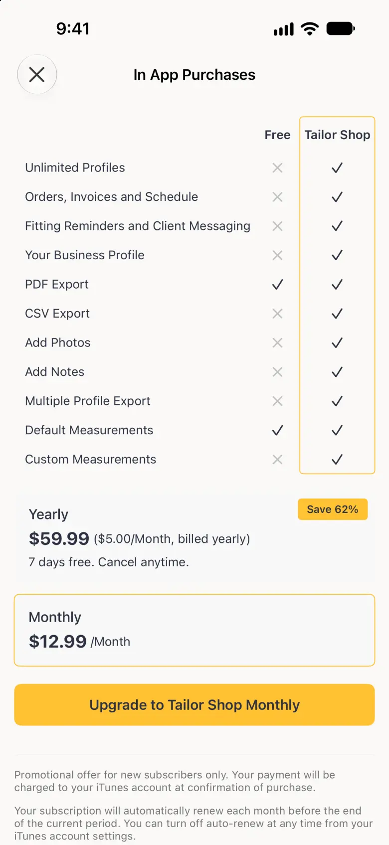 In App Purchases screen with the Monthly card outlined in gold below the Yearly card and a gold button reading Upgrade to Tailor Shop Monthly.