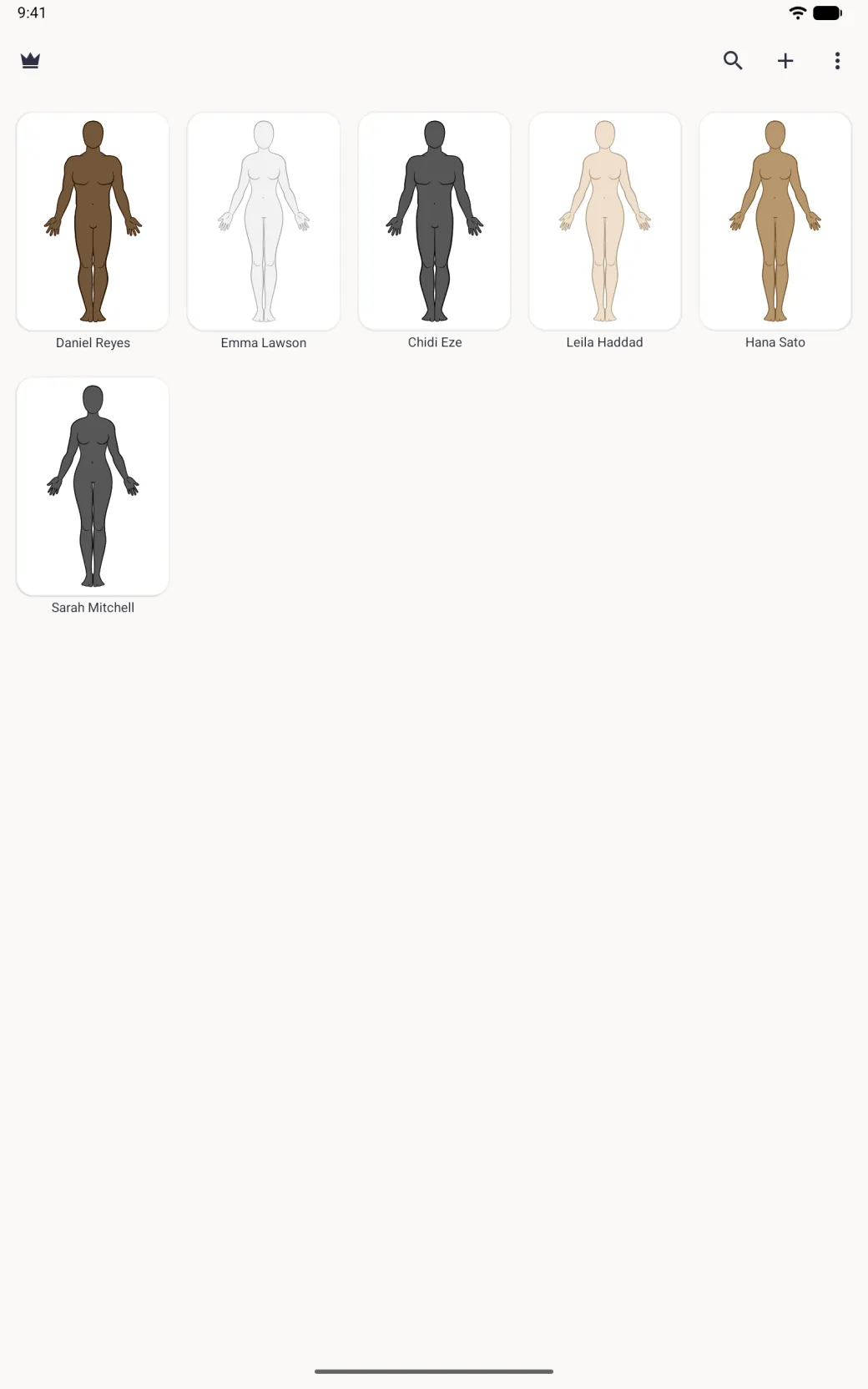 Home screen showing a five-column grid of six body avatars with names beneath, Daniel Reyes, Emma Lawson, Chidi Eze, Leila Haddad, Hana Sato and Sarah Mitchell, with a crown button at the top left and search, plus and three-dot buttons at the top right.