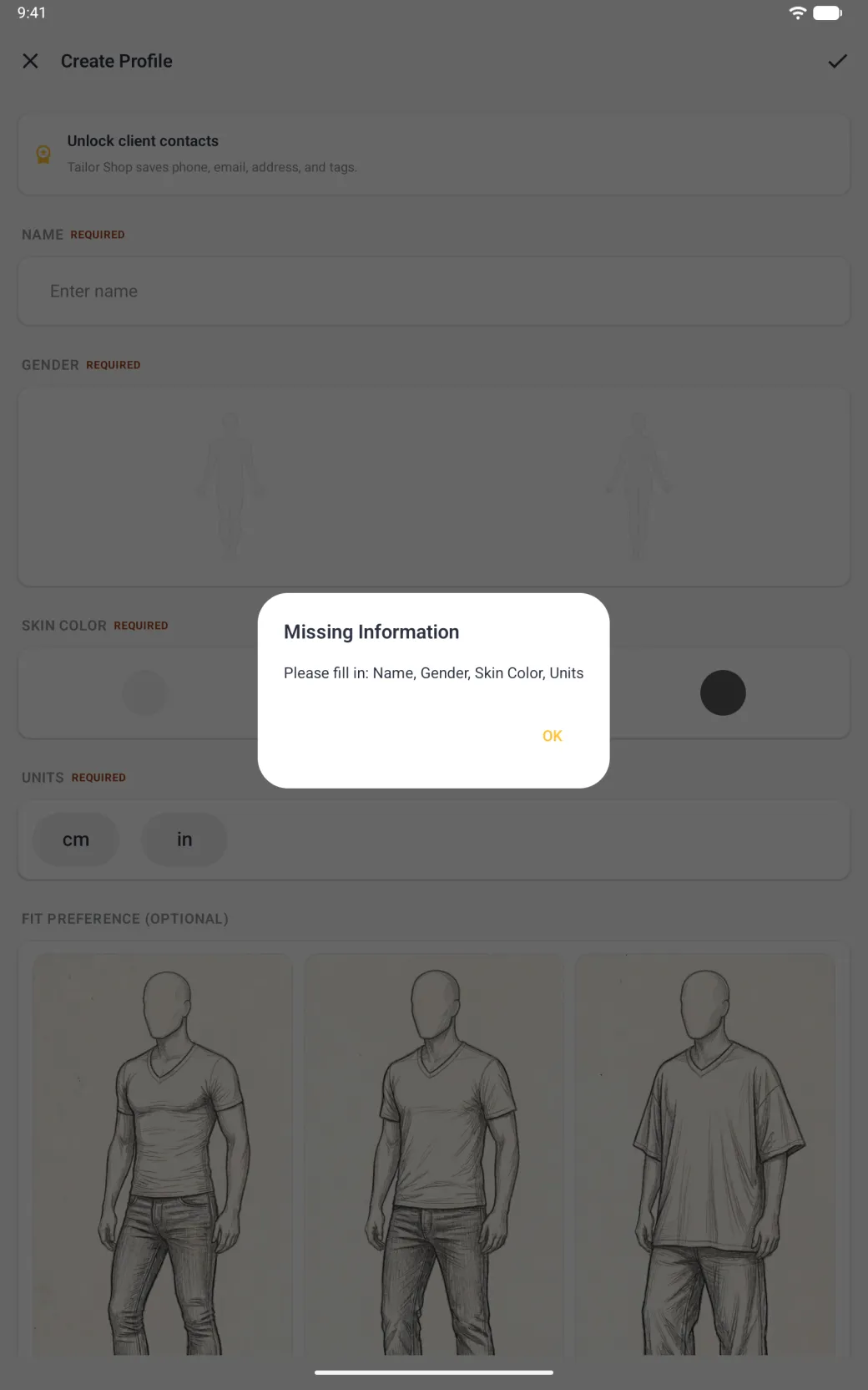 Material alert titled Missing Information reading Please fill in: Name, Gender, Skin Color, Units, with a gold OK button, centred over the dimmed Create Profile form.