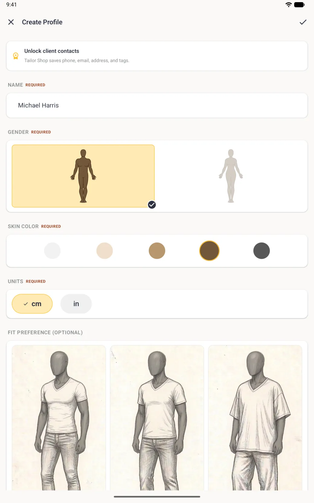 Create Profile form with the man outline filled in brown, the brown skin tone circle ringed in gold, and a gold cm pill with a tick.