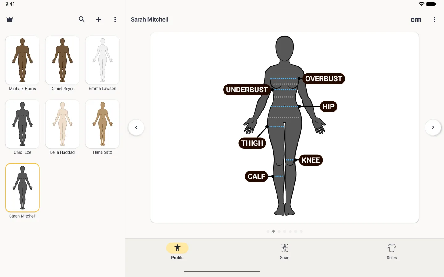 Split view with a three-column profile grid on the left, Sarah Mitchell outlined in gold, and her charcoal avatar on the right labelled overbust, underbust, hip, thigh, knee and calf, with the second of seven page dots filled and chevrons on both sides of the card.