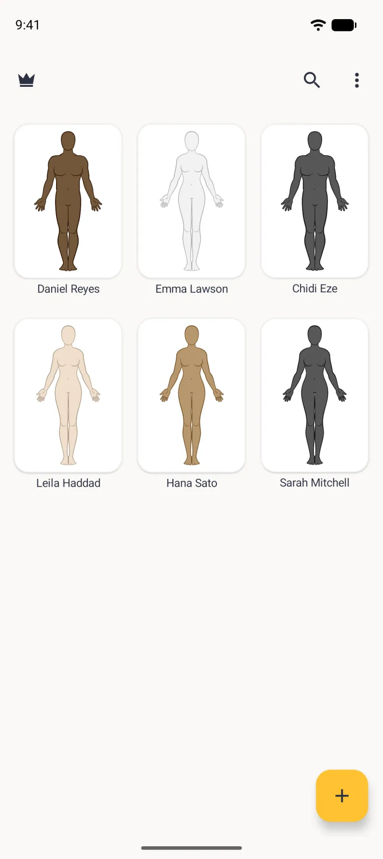 Home screen showing a grid of six body avatar cards in their own skin tones with names beneath, a crown at the top left, search and three-dot buttons at the top right, and a gold plus button at the bottom right.