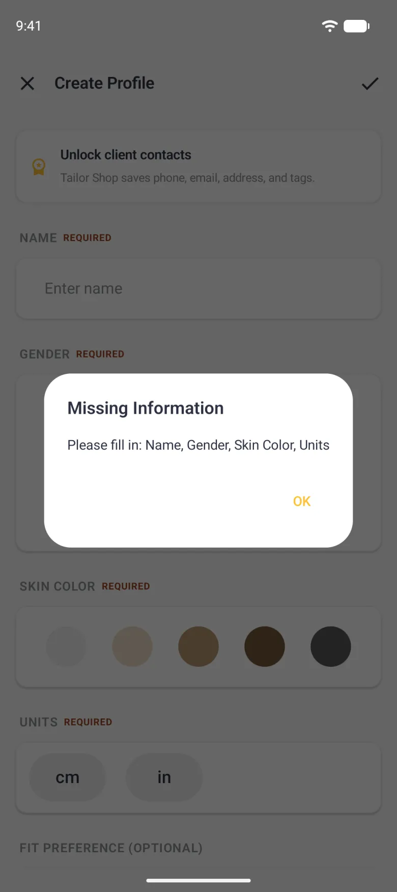Rounded dialog titled Missing Information reading Please fill in: Name, Gender, Skin Color, Units, with a gold OK text button, over the dimmed Create Profile form.