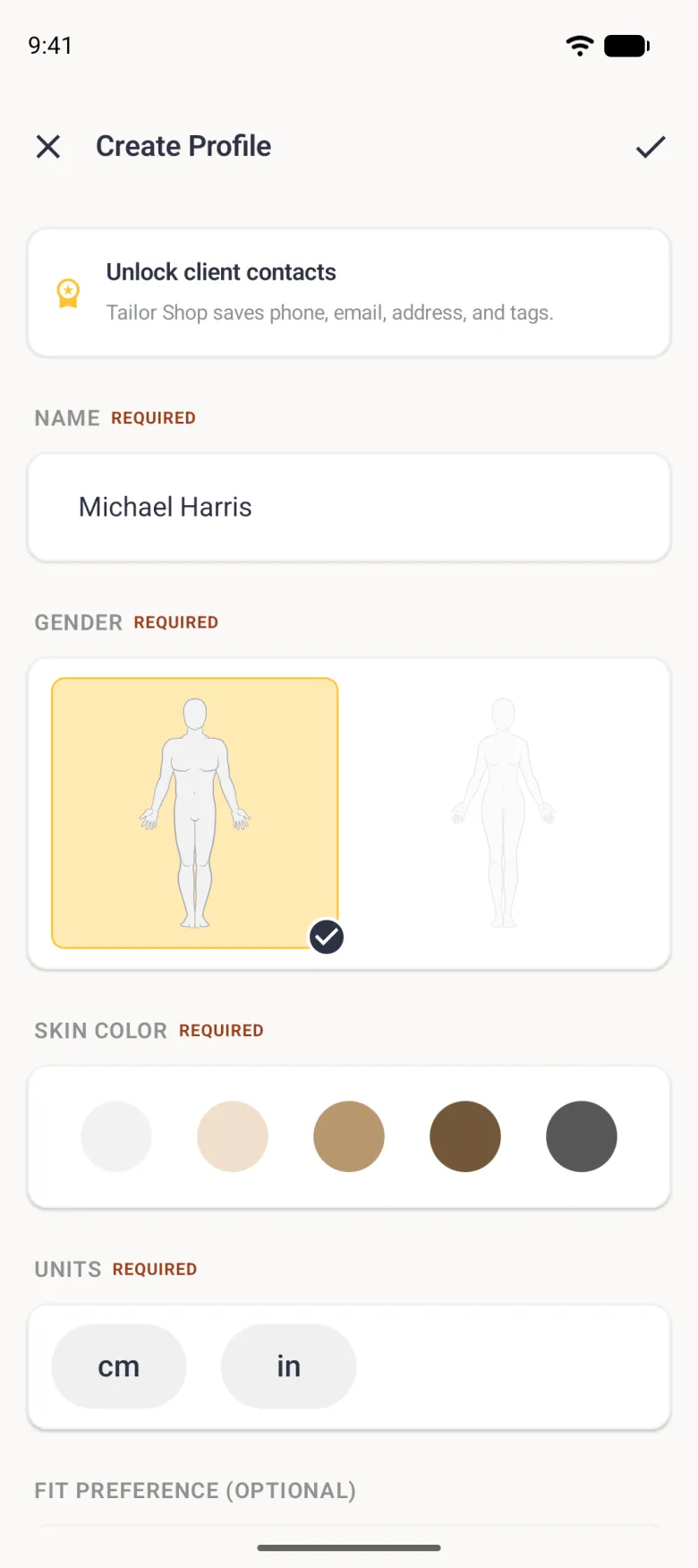 Create Profile form with Michael Harris typed in the name field and the man outline on a pale gold card with a navy tick in its corner.