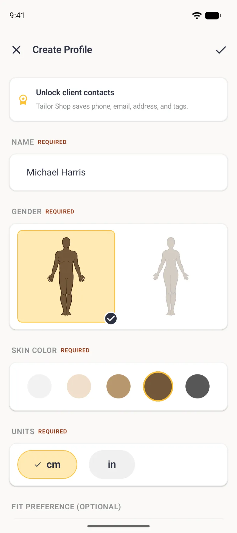 Create Profile form with the man outline filled brown on a gold card and the woman outline in pale beige, the brown skin tone ringed in gold and the cm button ticked in a gold pill.