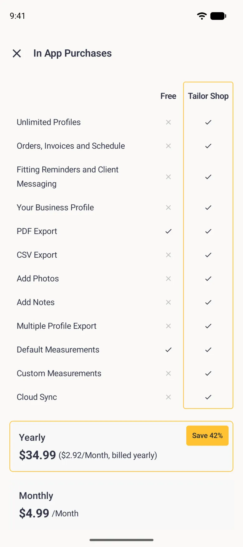 In App Purchases screen with a close cross and a comparison table of Unlimited Profiles, Orders, Invoices and Schedule, Fitting Reminders and Client Messaging, Your Business Profile, PDF Export, CSV Export, Add Photos, Add Notes, Multiple Profile Export, Default Measurements, Custom Measurements and Cloud Sync, the Tailor Shop column outlined in gold, then a Yearly card outlined in gold with a Save 42% badge and a Monthly card, each showing its Google Play price.
