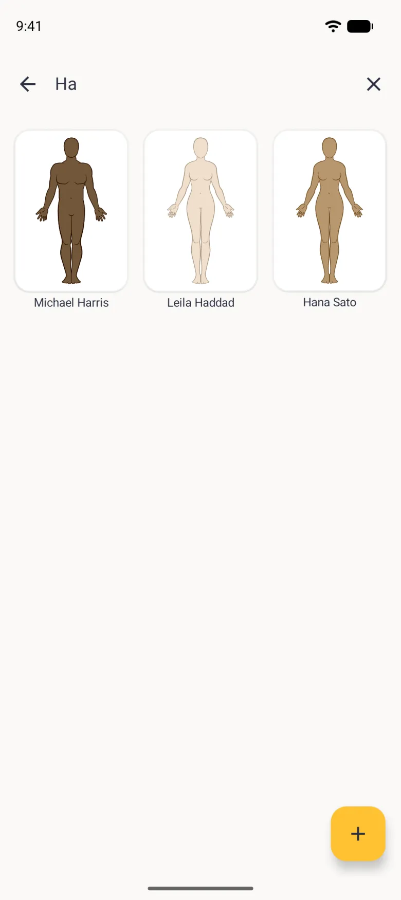 Home search bar with a back arrow, Ha typed and a clear cross, above three matching profiles: Michael Harris, Leila Haddad and Hana Sato.