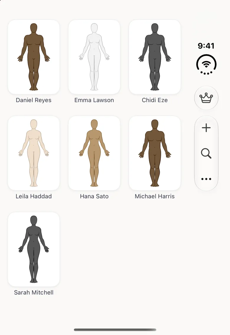 Home screen on the closed Duo showing a grid of seven body avatars in three columns with names under them, Daniel Reyes, Emma Lawson, Chidi Eze, Leila Haddad, Hana Sato, Michael Harris and Sarah Mitchell; the vertical bar strip on the right edge holds a crown button and, below it, a capsule with plus, search and more (three dots) buttons stacked top to bottom.