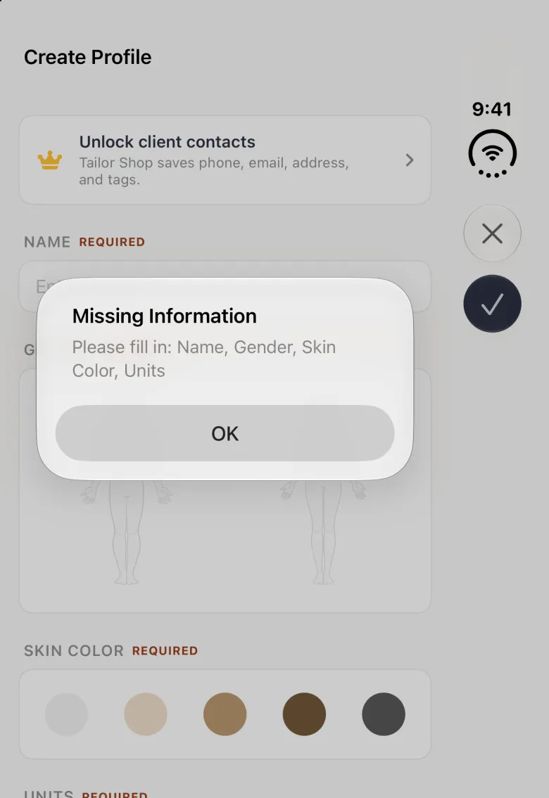 Alert titled Missing Information reading Please fill in: Name, Gender, Skin Color, Units, with an OK button, over the dimmed Create Profile form on the closed Duo; the close (cross) and navy checkmark buttons sit in the vertical bar strip on the right edge.