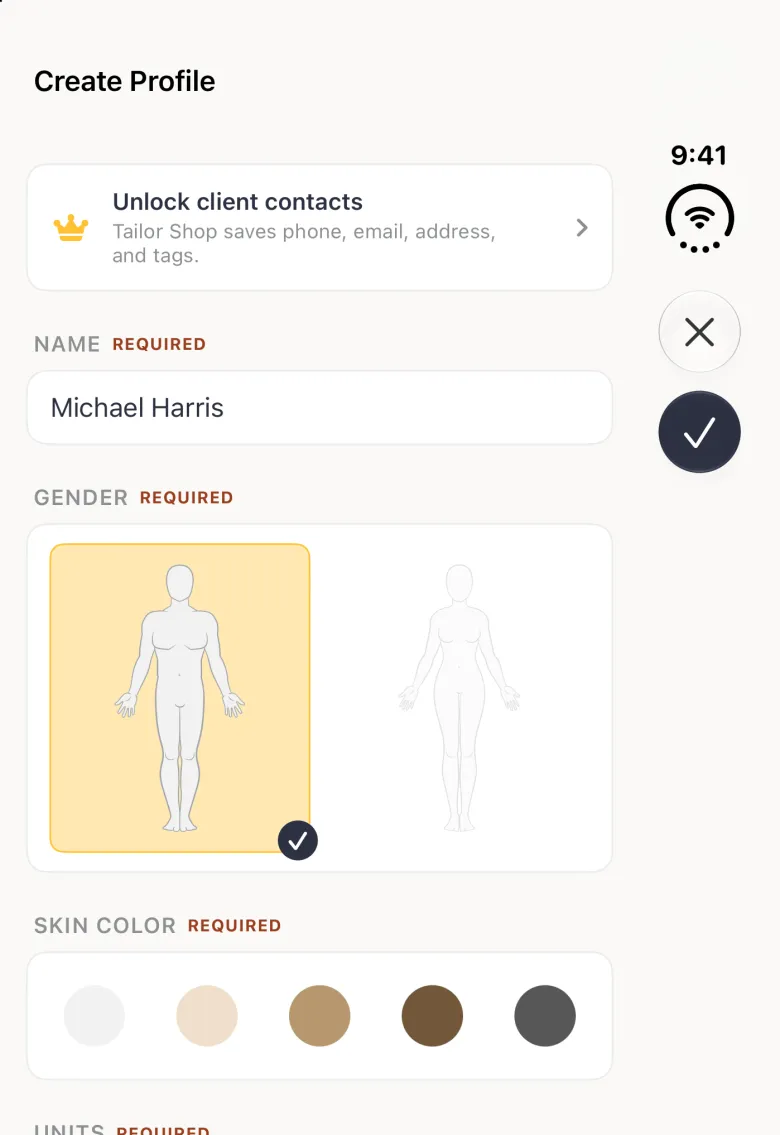 Create Profile form on the closed Duo with the name Michael Harris entered and the man outline highlighted in gold with a navy tick inside the white Gender card; the close and navy checkmark buttons sit in the vertical bar strip on the right.