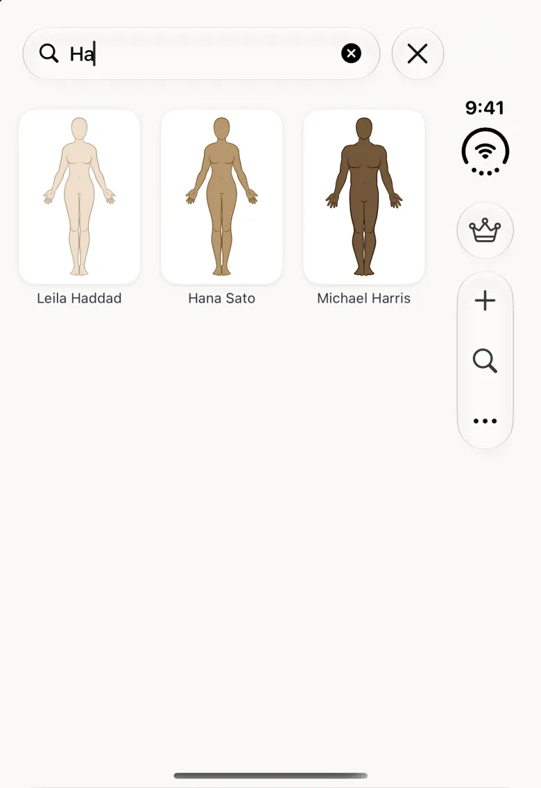 Home screen on the closed Duo with a search field containing Ha across the top of the content column, a clear button inside the field and a close button beside it, and three matching profiles below: Leila Haddad, Hana Sato and Michael Harris; the crown, plus, search and more buttons stay in the vertical bar strip on the right, and no on-screen keyboard is shown.