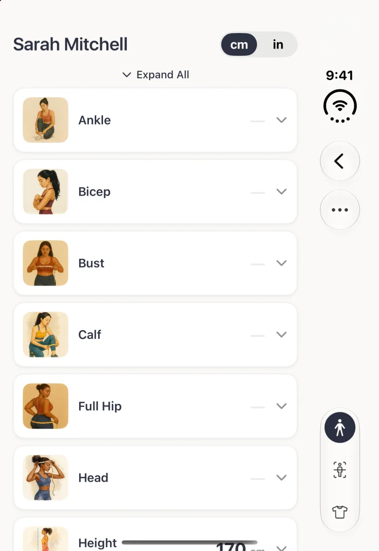 Sarah Mitchell's profile in list view on the closed Duo: an Expand All link above alphabetical measurement cards with small illustrations, Ankle, Bicep, Bust, Calf, Full Hip and Head, each with a dash for no value and a chevron on the right, and Height at 170 cm starting at the bottom edge; Back, the more button and the three section buttons stay in the vertical bar strip on the right.