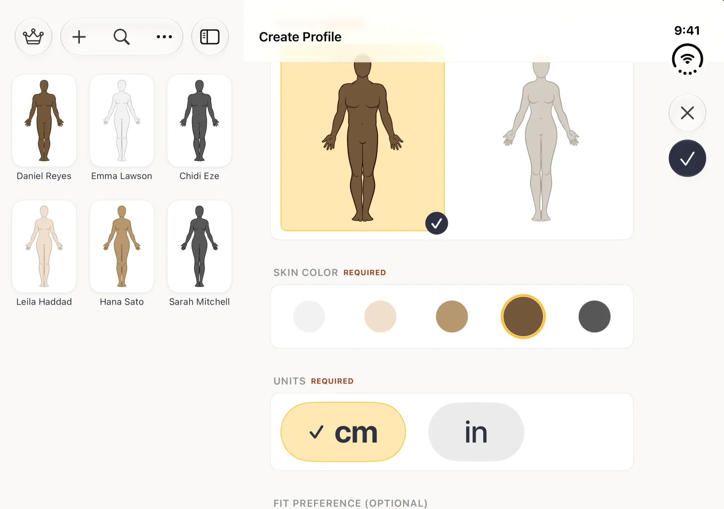 Create Profile form on the right of the split view with the man outline in a brown skin tone highlighted in gold with a navy tick, the woman outline in a pale neutral beside it, the brown circle ringed in gold inside the Skin Color card, and the cm button showing a tick in a gold pill inside the Units card.