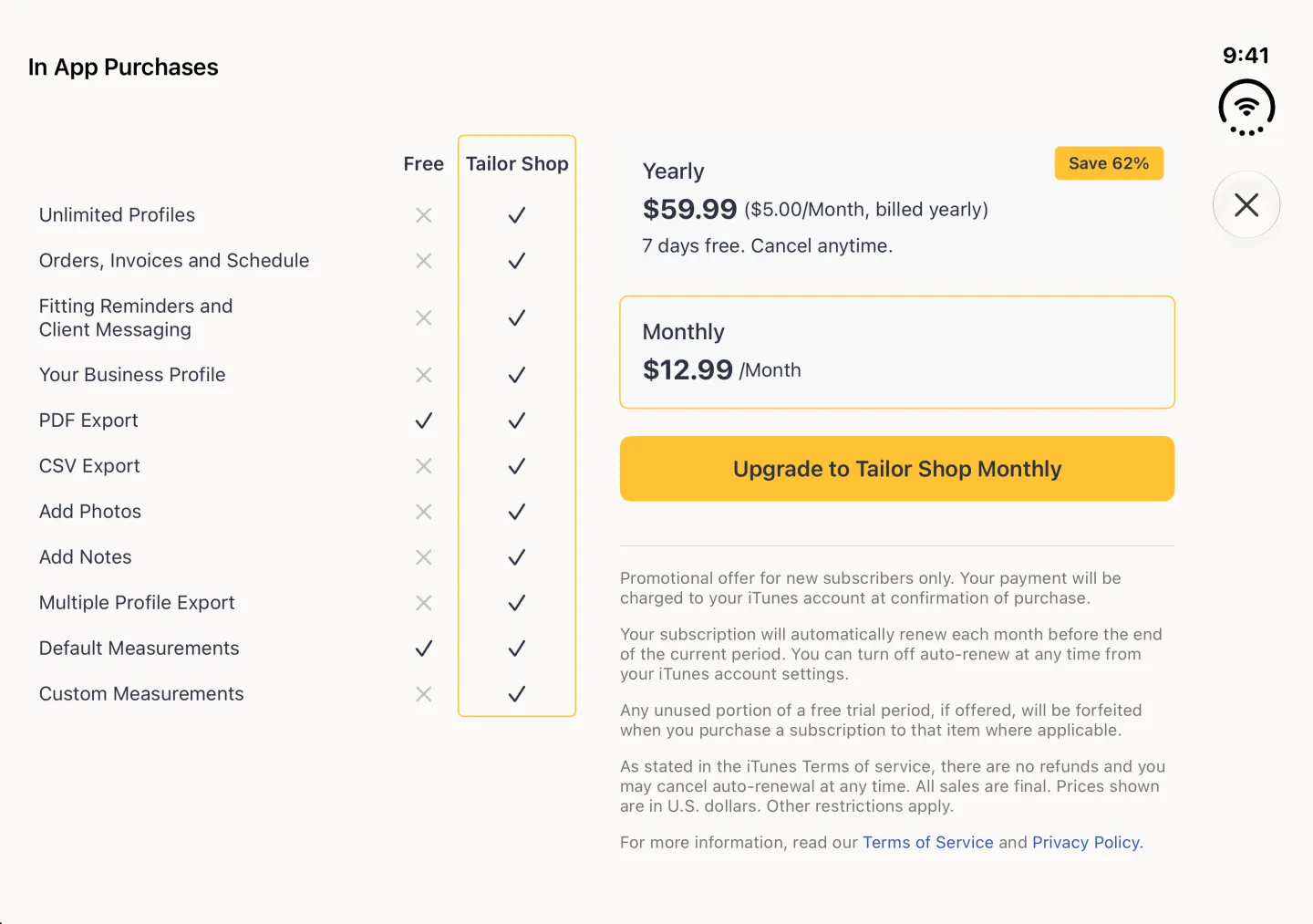 In App Purchases screen in landscape with the plan comparison table on the left and, on the right, the Monthly card now outlined in gold below the Yearly card and a gold button reading Upgrade to Tailor Shop Monthly.