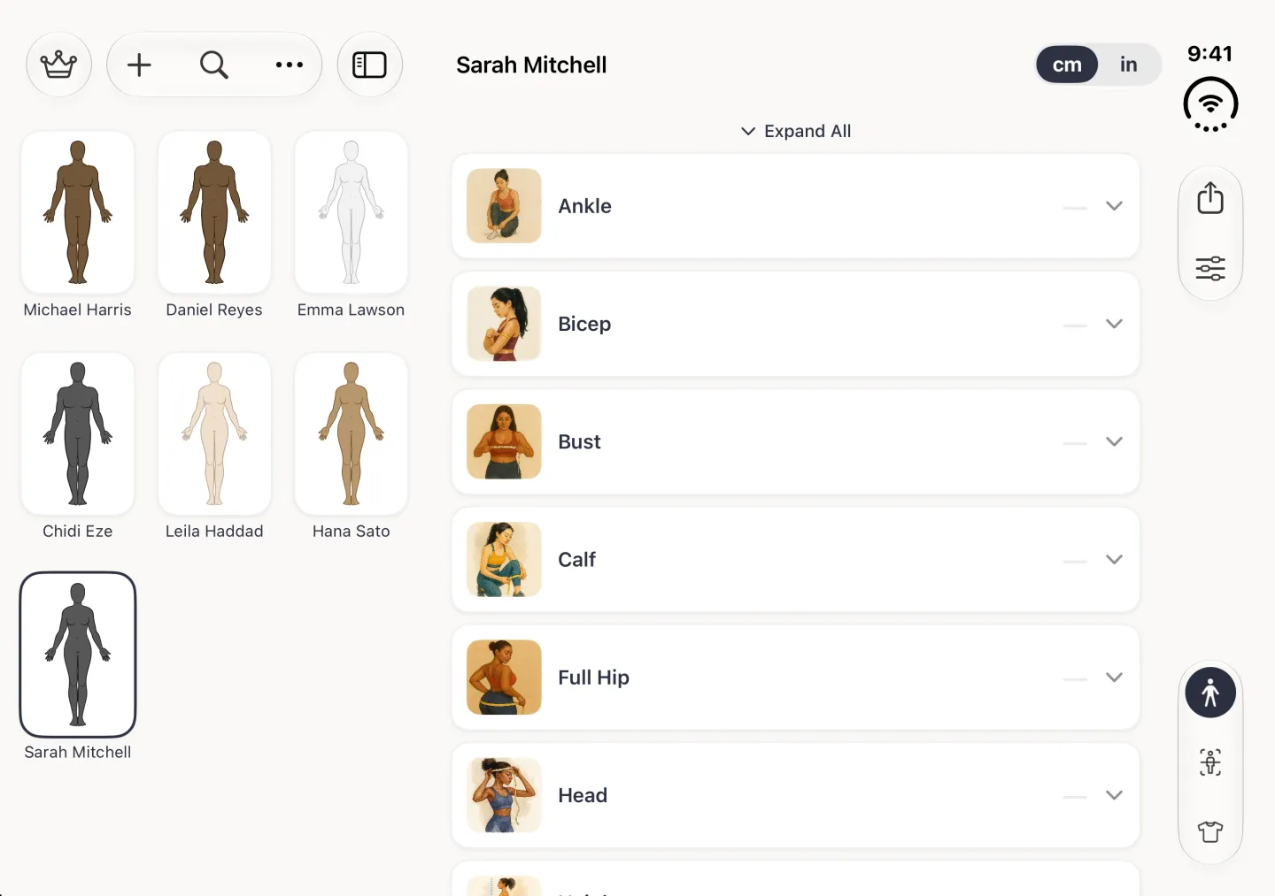 Sarah Mitchell's profile in list view on the right of the split view: an Expand All link above wide alphabetical measurement cards with small illustrations, Ankle, Bicep, Bust, Calf, Full Hip and Head, each with a dash for no value and a chevron on the right, with the profile grid on the left.