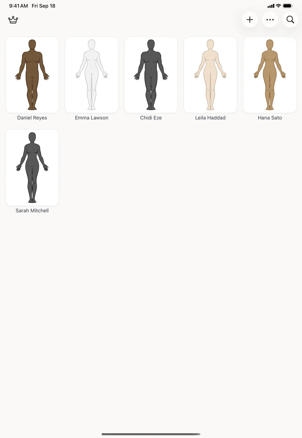 Home screen showing six profile avatars laid out five to a row in their own skin tones, with a crown at the top left and plus, three dot and search buttons at the top right.