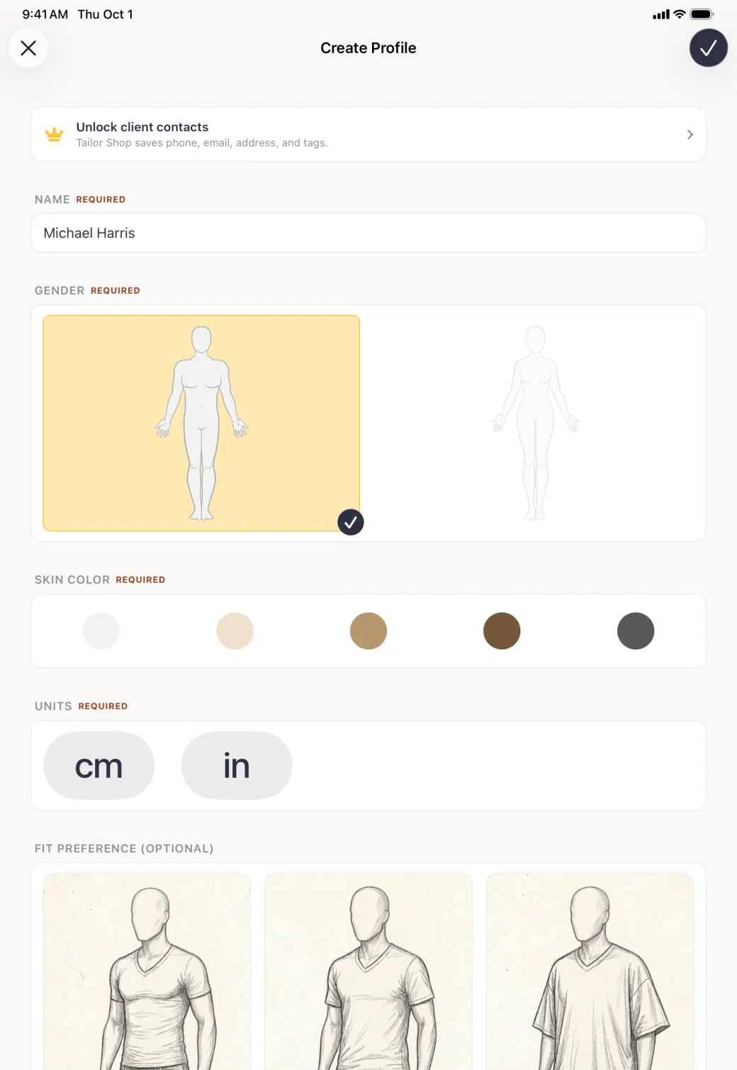 Create Profile form with the name Michael Harris entered and the man outline on a gold card with a navy tick, filling the left half of the form beside the untouched woman outline.