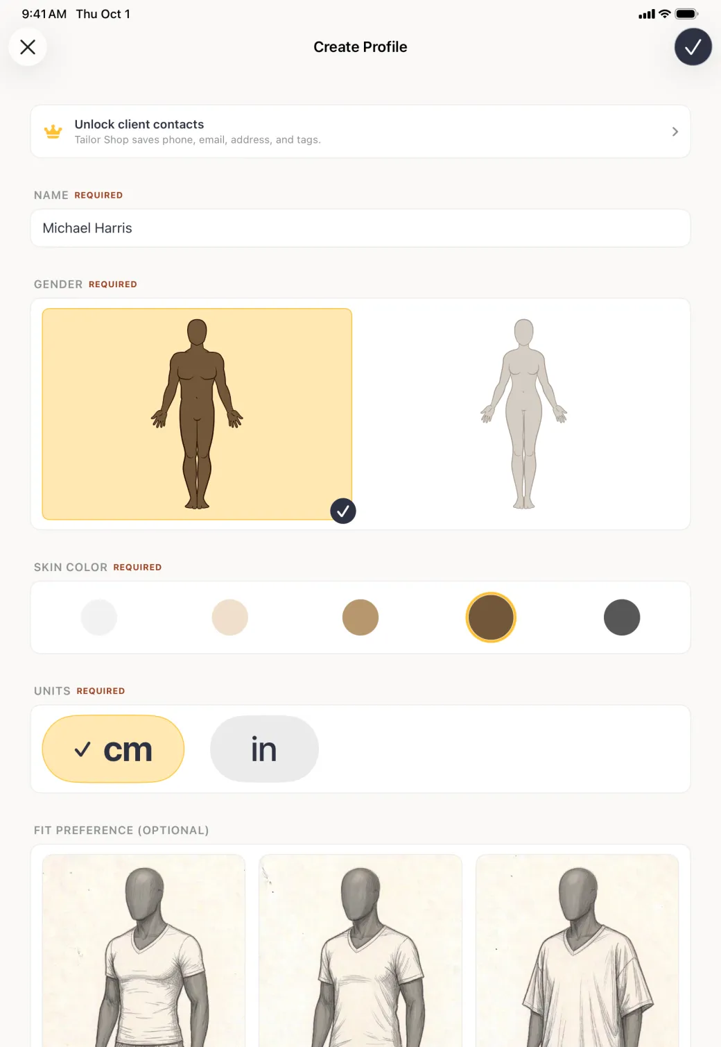 Create Profile form with a brown skin tone ringed in gold, the man outline taking that tone, and the cm button showing a tick.