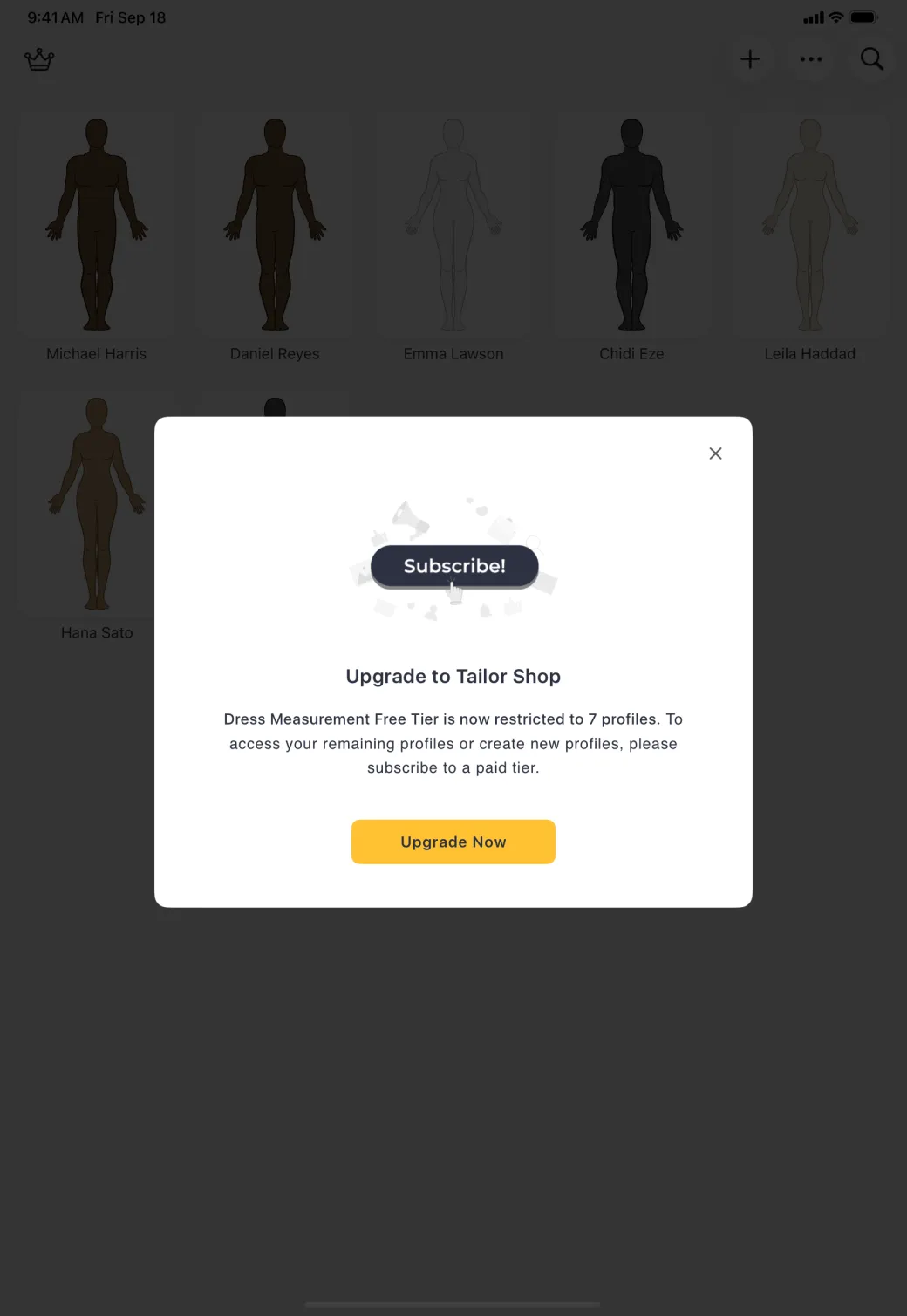 Card centred over the dimmed profile grid, headed Upgrade to Tailor Shop, explaining that the free tier is restricted to seven profiles, with a gold Upgrade Now button.