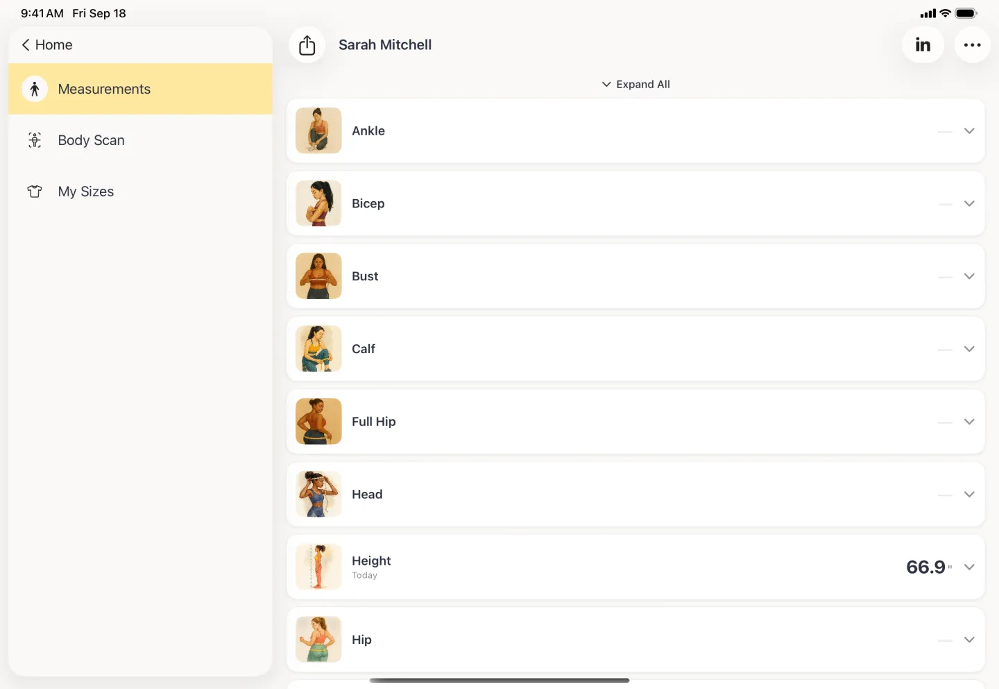 Alphabetical list of measurements filling the detail pane beside the sidebar, each row carrying a small illustration, showing Ankle, Bicep, Bust, Calf, Full Hip, Head, Height at 66.9 inches, and Hip, with an Expand All control above the list.