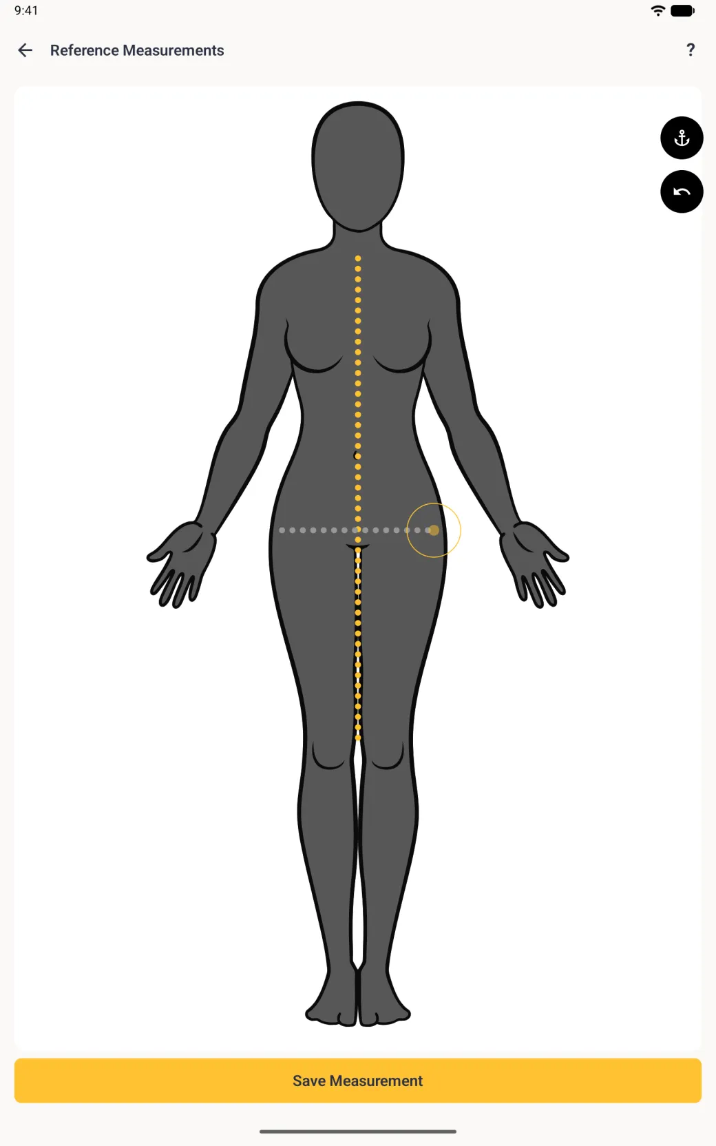 The charcoal figure with a pale grey dotted guide line drawn horizontally across the top of the hips, ending in a gold targeting circle, the page's custom line shown as a gold dotted line down the front, round anchor and undo buttons at the right edge and a yellow Save Measurement button.