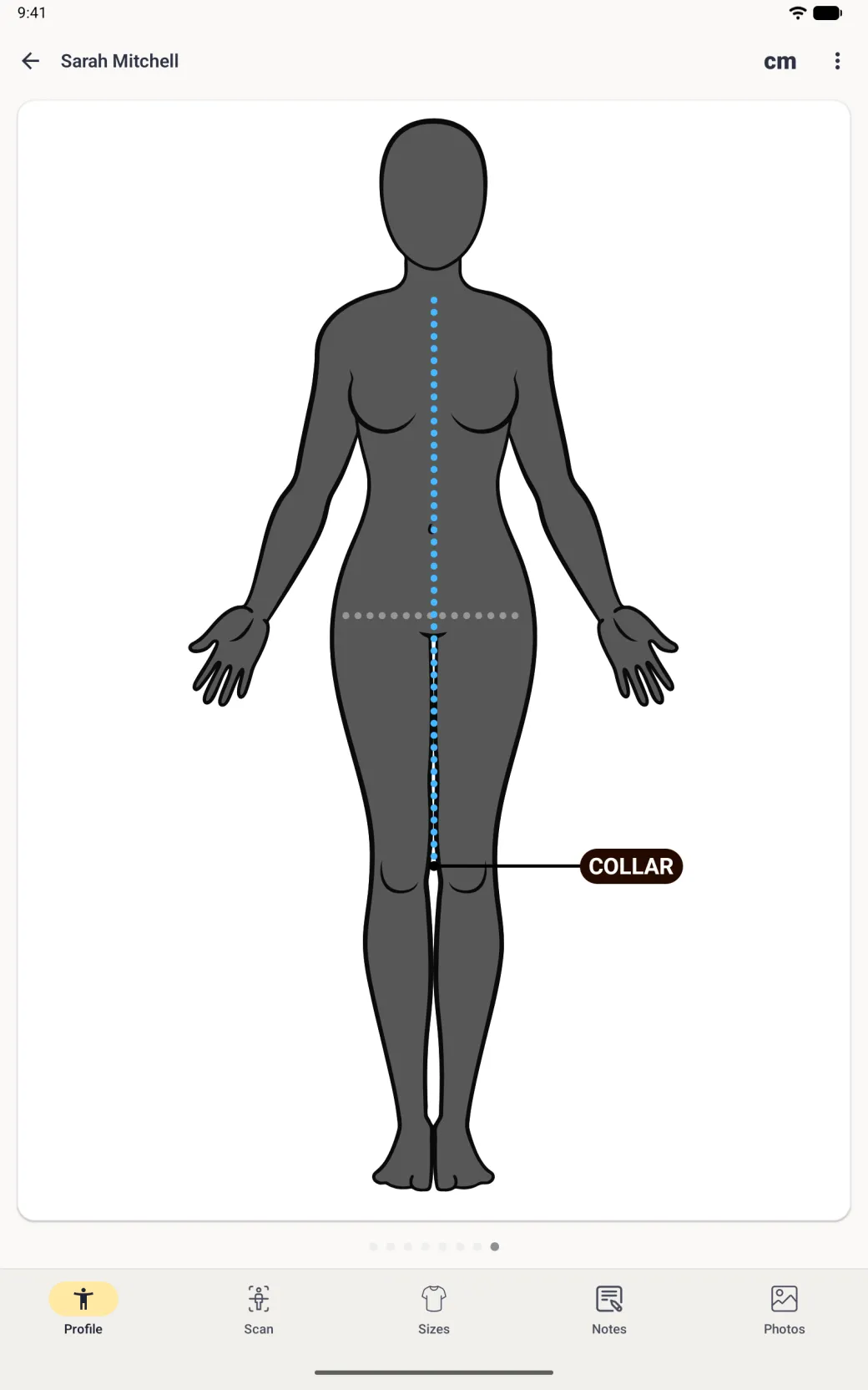 The client page showing the blue dotted COLLAR line down the front with its dark COLLAR label to the right of the knee and, separately, a pale grey dotted line across the hips with no label.