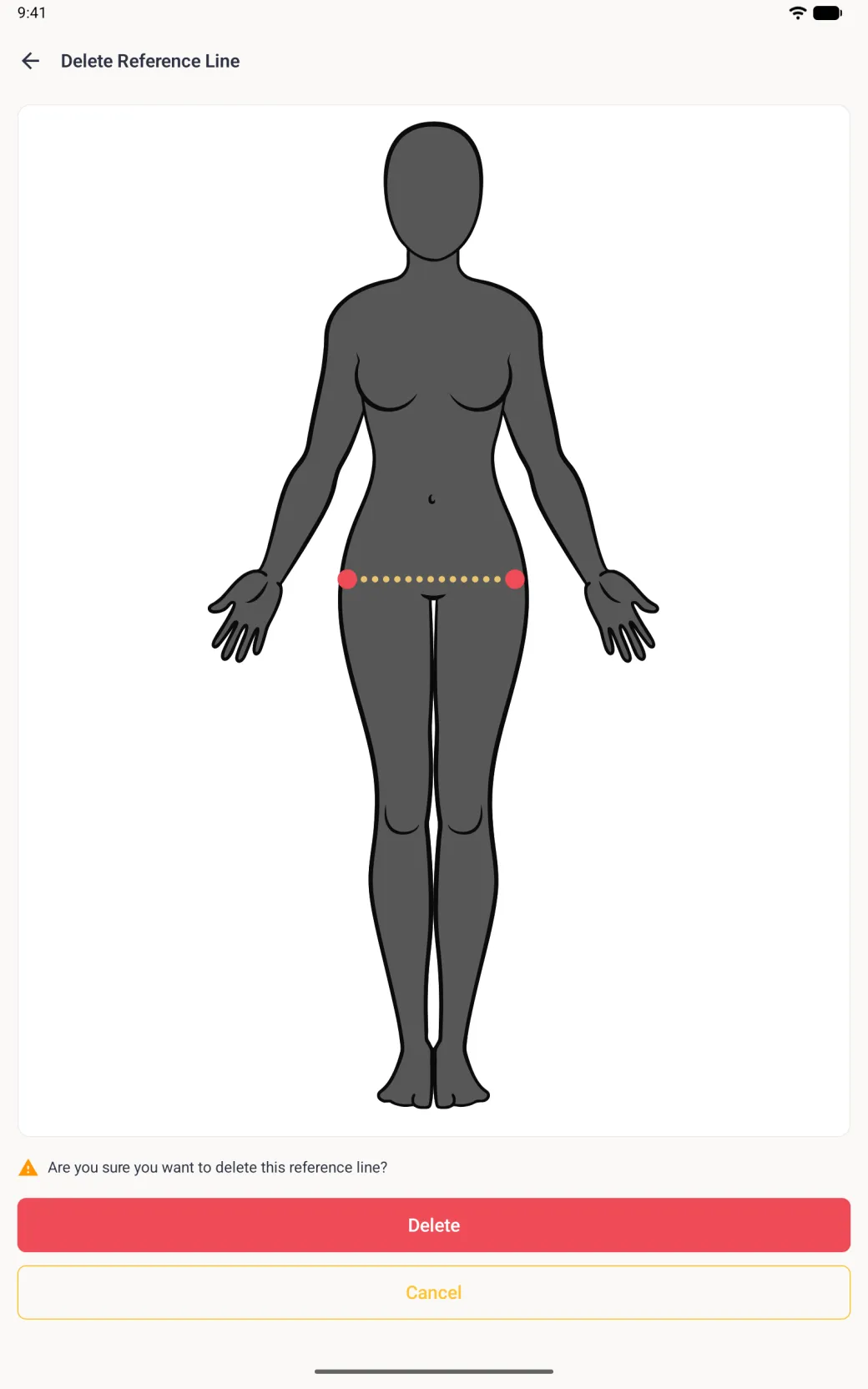 A Delete Reference Line page showing a smaller charcoal figure with the guide line across the hips as a gold dotted line between two red endpoint dots, a warning line reading Are you sure you want to delete this reference line?, a full-width red Delete button and an outlined gold Cancel button.