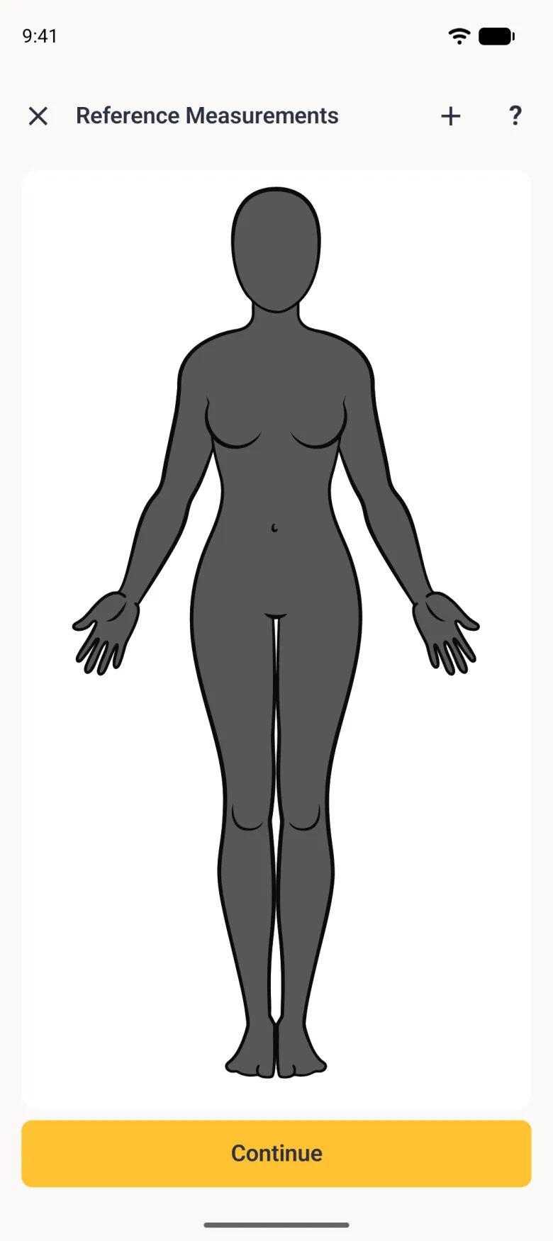 A Reference Measurements editor showing the client's charcoal female figure with no lines on it, an X at the top left, plus and question mark buttons at the top right and a yellow Continue button.