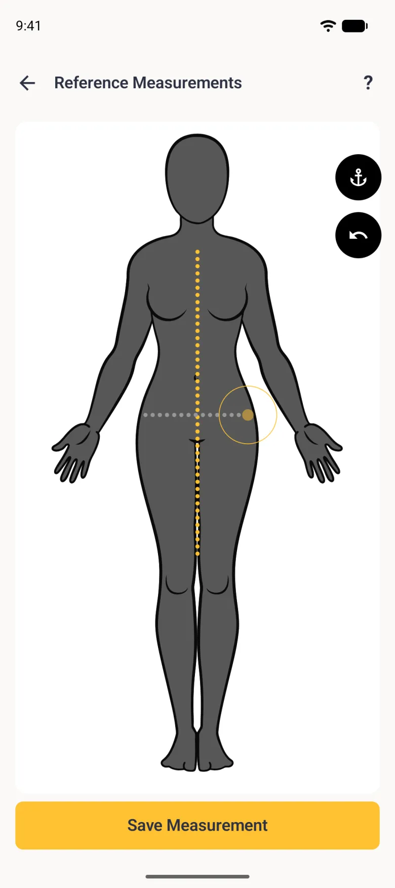The charcoal figure with a pale grey dotted guide line drawn horizontally across the top of the hips, ending in a gold targeting circle, with the page's custom line shown as a gold dotted line down the front, anchor and undo buttons at the right edge and a yellow Save Measurement button.