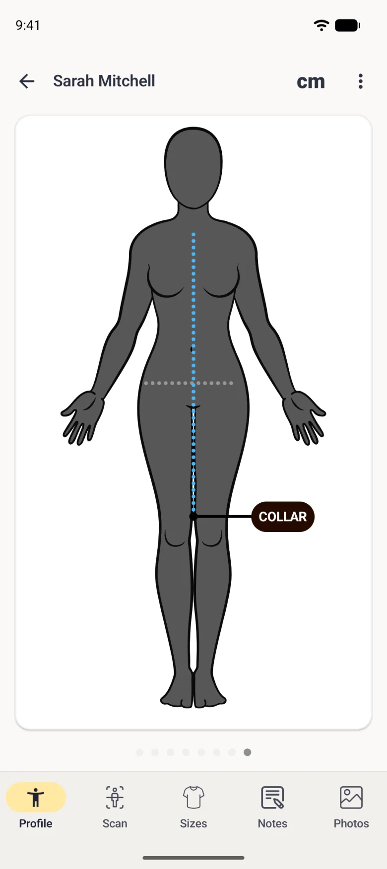 Sarah Mitchell's page showing the blue dotted COLLAR line down the front with its dark COLLAR label beside the knee and, separately, a pale grey dotted line across the hips with no label.