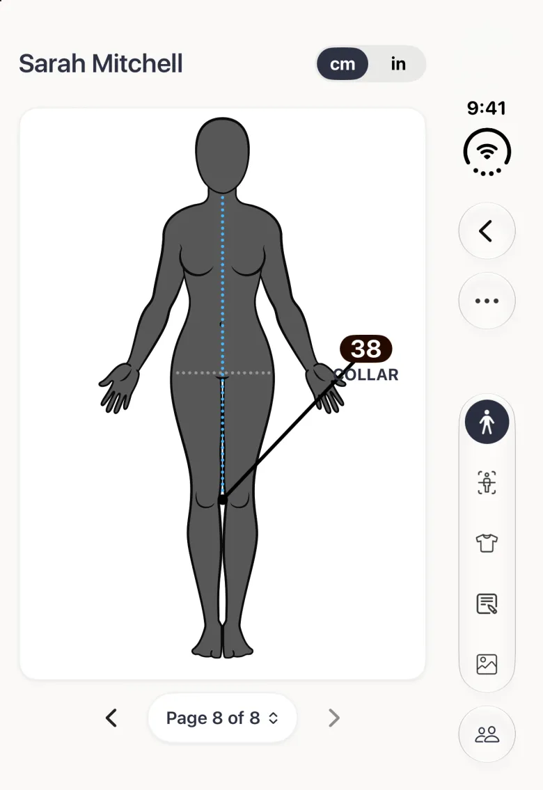 Sarah Mitchell's profile on the closed Duo on Page 8 of 8, showing a blue measured line from the neck to the knee with a 38 COLLAR label and, separately, a pale grey dotted line across the hips with no label; the profile buttons sit in the vertical bar strip on the right.