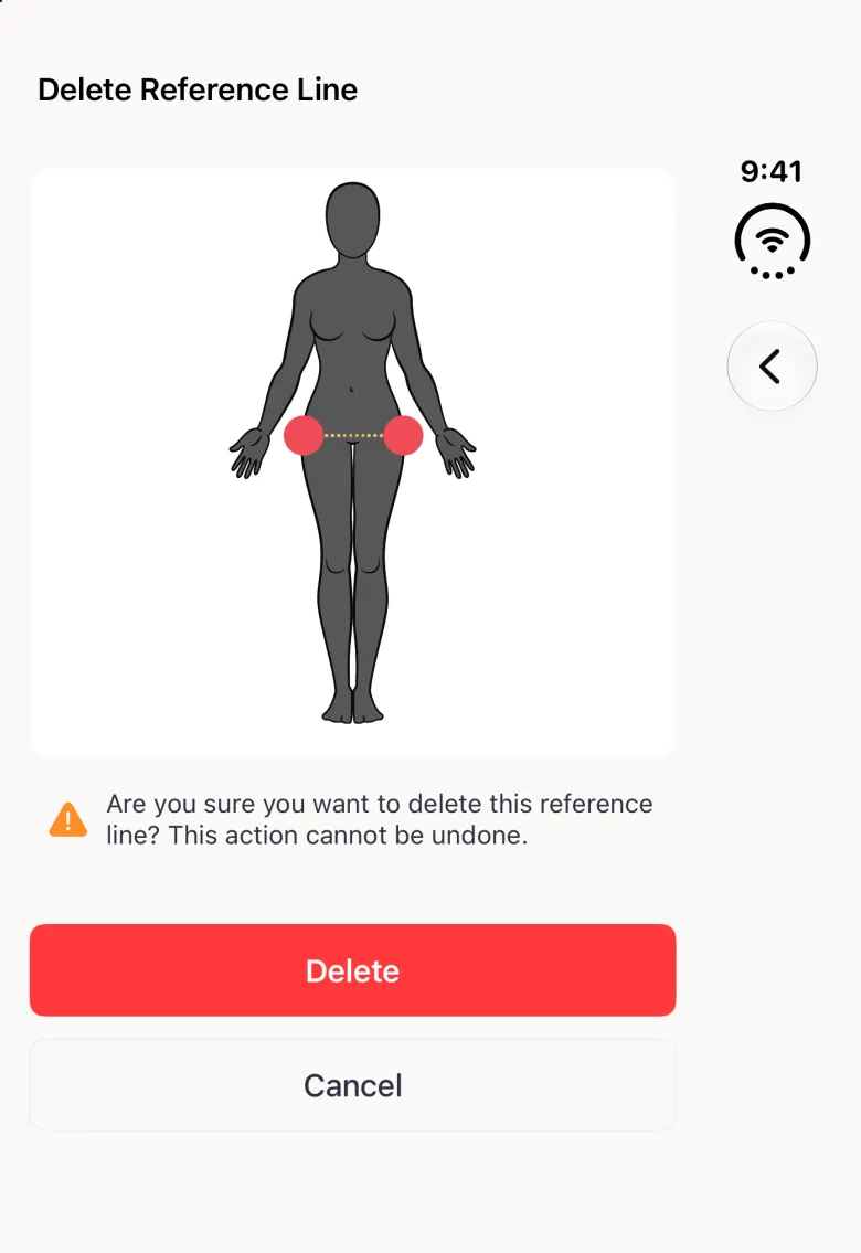 A Delete Reference Line screen filling the closed Duo, with the figure showing the guide line dotted in gold and its two ends picked out in red, a warning asking are you sure you want to delete this reference line, this action cannot be undone, and a red Delete button above a Cancel button; a Back button sits alone in the vertical bar strip on the right.