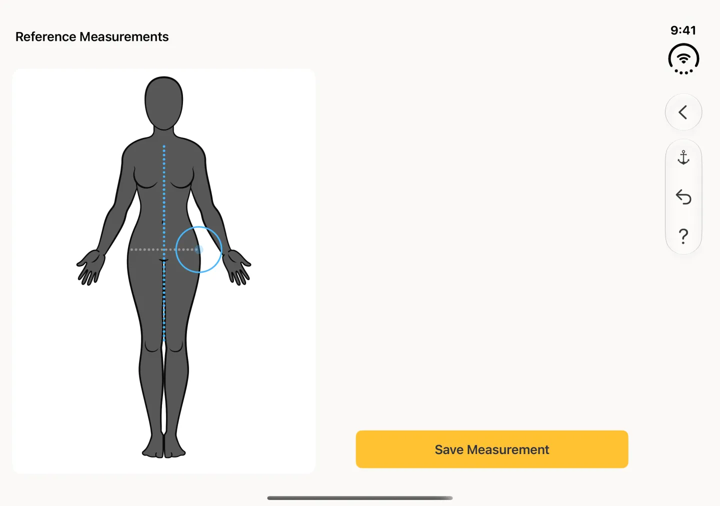 The line drawing step in landscape, still titled Reference Measurements: the charcoal figure on the left with the existing blue Collar line down the front and a pale grey dotted line drawn horizontally across the top of the hips, a yellow Save Measurement button on the right, and Back plus an anchor, undo and question mark group in the vertical bar strip on the right edge.