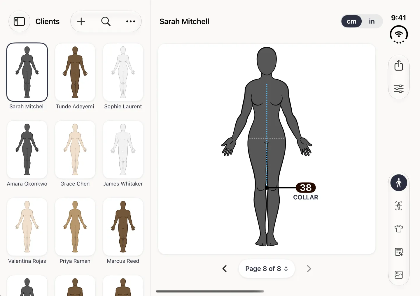 Split view in landscape with the Clients grid on the left and Sarah Mitchell's profile on Page 8 of 8 on the right, showing a blue measured line from the neck to the knee with a 38 COLLAR label and, separately, a pale grey dotted line across the hips with no label.