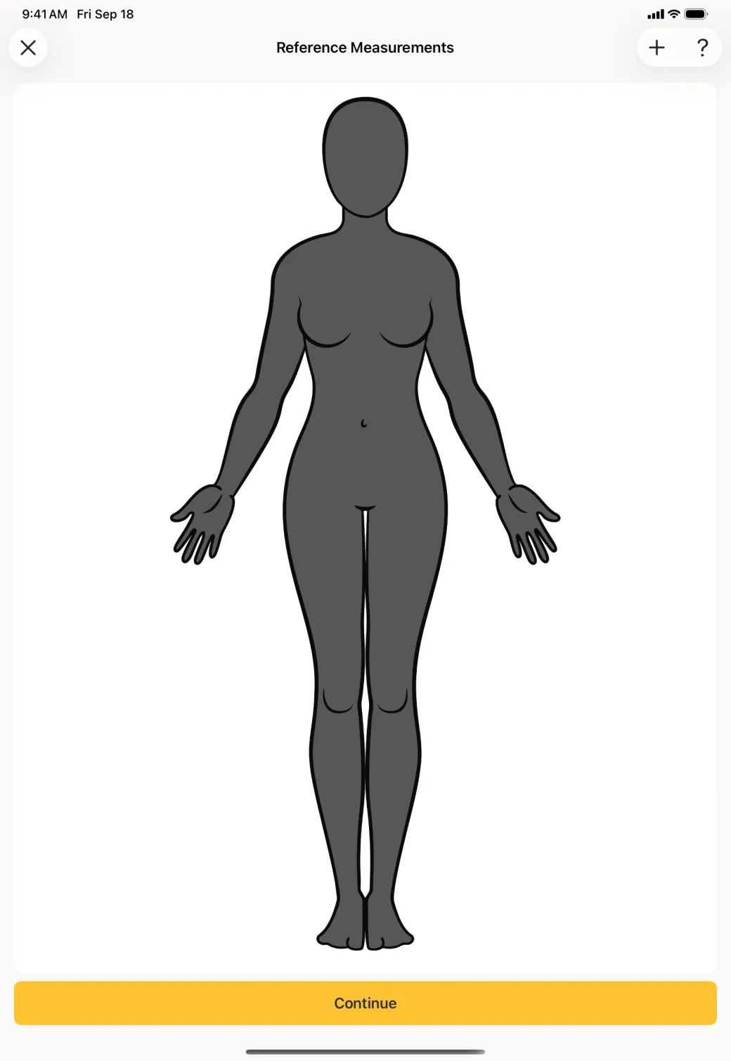 A Reference Measurements page filling the screen with a plain charcoal-skinned female figure and no lines on it, above a yellow Continue button.
