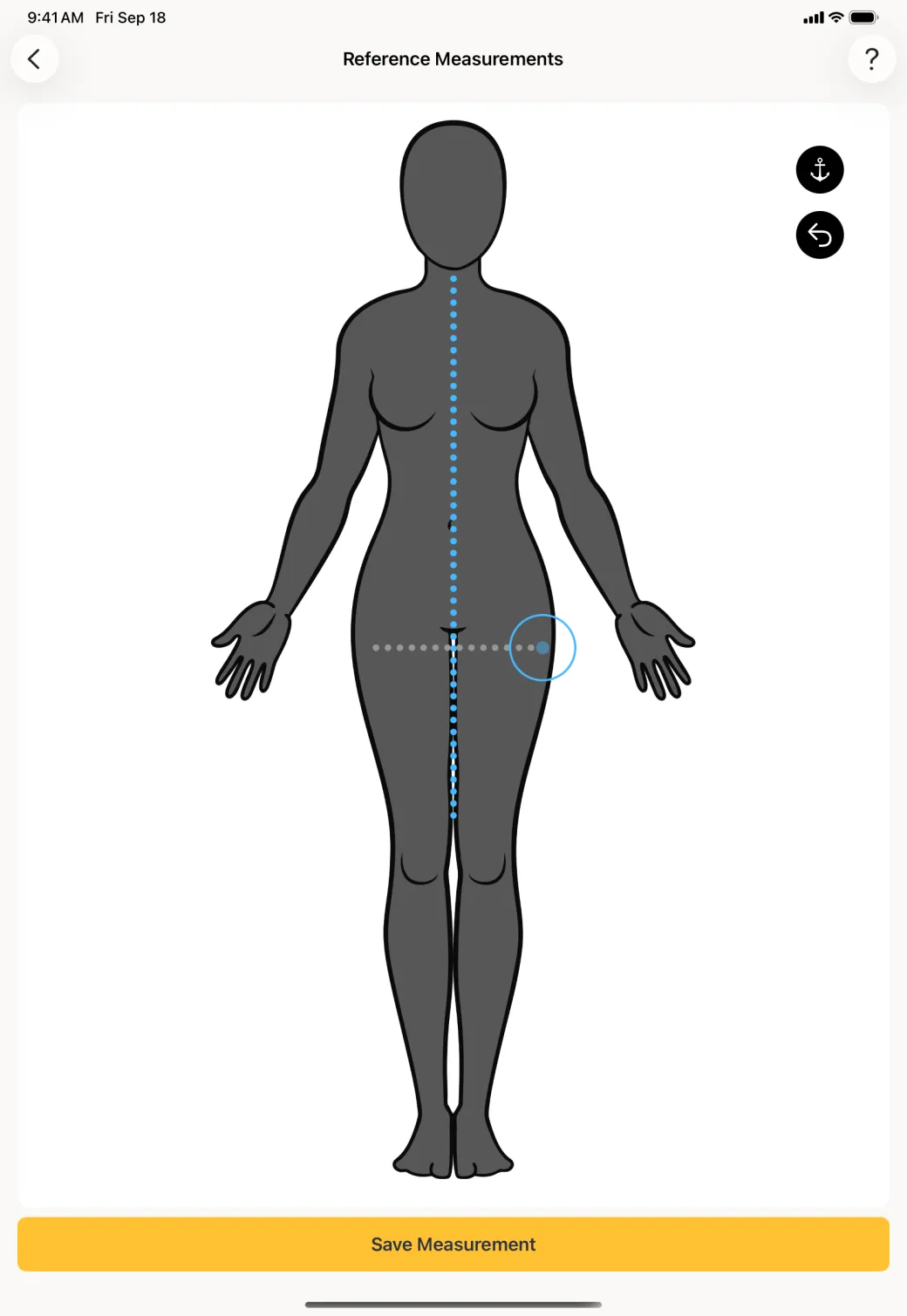 The figure with a pale dotted guide line drawn horizontally across the top of the hips, the existing custom line running down the front, and a yellow Save Measurement button below.