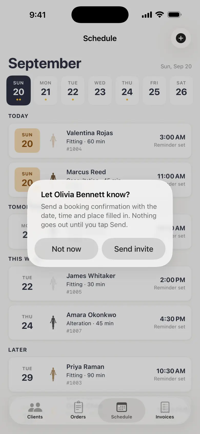 Alert over the Schedule reading Let Olivia Bennett know? with the line send a booking confirmation with the date, time and place filled in, nothing goes out until you tap Send, and two buttons, Not now and Send invite.