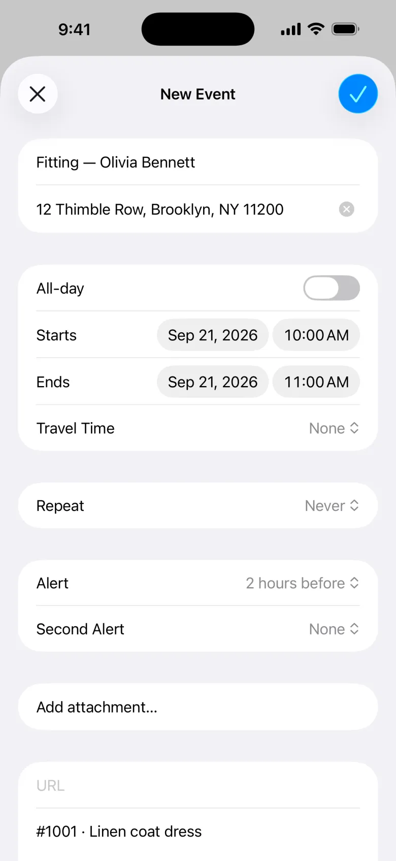 New Event sheet titled Fitting, Olivia Bennett, with the location 12 Thimble Row, Brooklyn, NY 11200, Starts Sep 21, 2026 at 10:00 AM, Ends 11:00 AM, an Alert two hours before, the order number and garment in the notes, and a blue tick at the top right to add it.