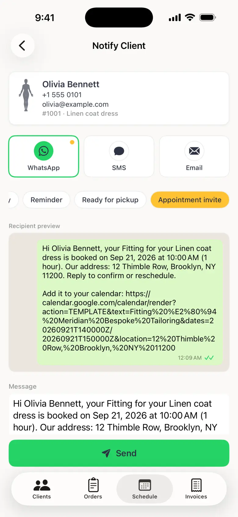 Notify Client screen for Olivia Bennett with WhatsApp selected and the Appointment invite chip highlighted in gold at the end of the template row, above a preview reading Hi Olivia Bennett, your Fitting for your Linen coat dress is booked on Sep 21, 2026 at 10:00 AM (1 hour), the shop address, Reply to confirm or reschedule, and a line reading Add it to your calendar with a link.