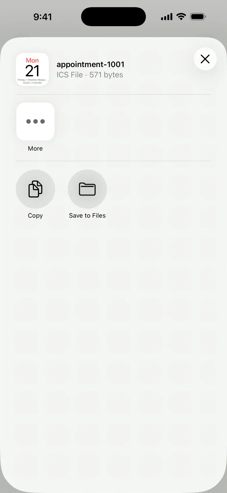 Share sheet headed appointment-1001, ICS File, 571 bytes, with a small calendar page preview of the Monday 21 fitting, and More, Copy and Save to Files underneath.