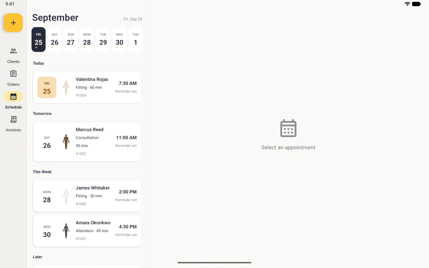 Schedule on a tablet in landscape, with Valentina Rojas's card under Today showing a gold-shaded date tile on the left and the time on the right with the words Reminder set directly underneath, and the same line on every card below it, beside an empty pane reading Select an appointment.