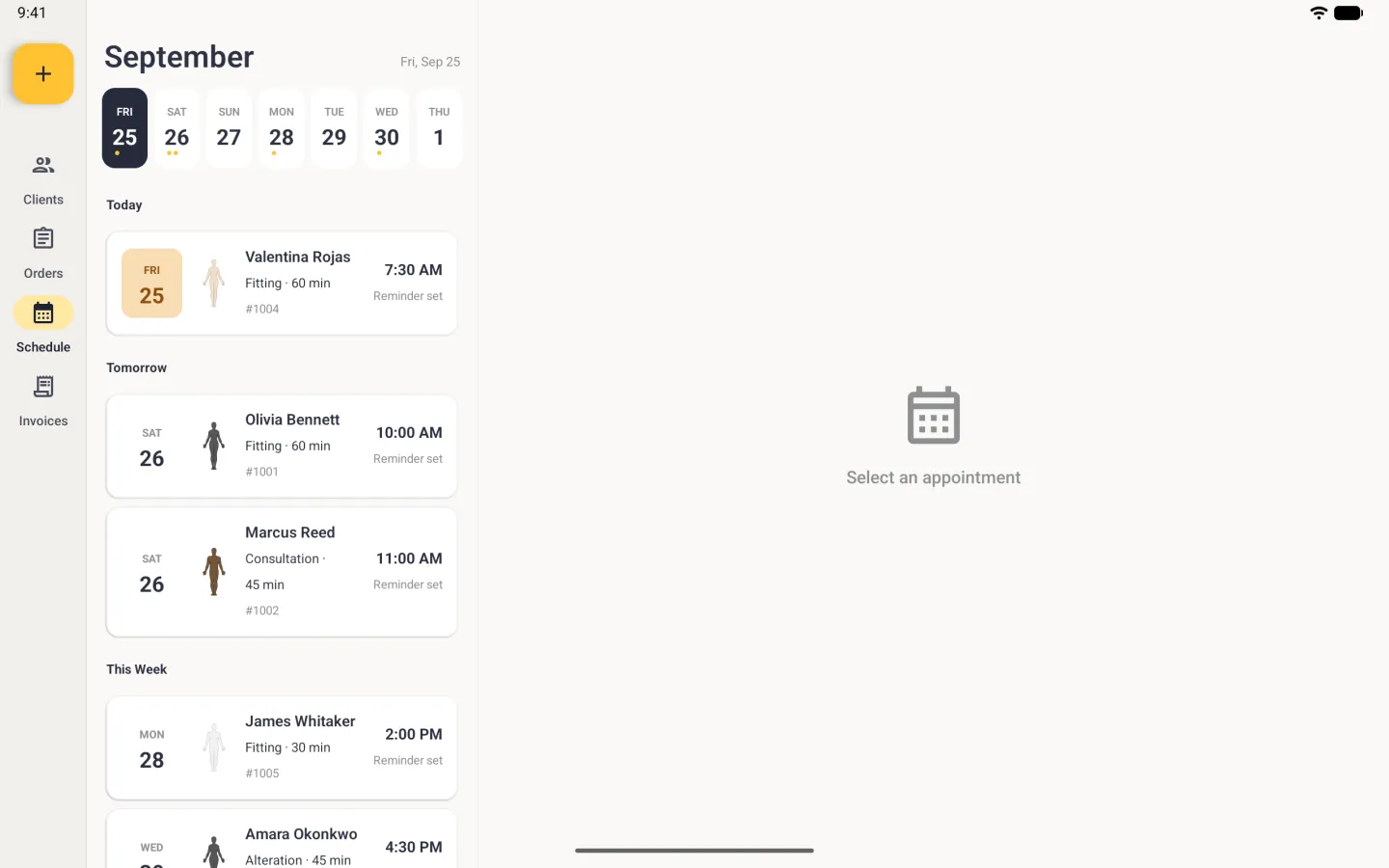 Schedule on a tablet in landscape with the new sixty minute fitting for Olivia Bennett on order 1001 first under Tomorrow at 10:00 AM, marked Reminder set and led by her charcoal body figure, above Marcus Reed's consultation, beside an empty pane reading Select an appointment. Tomorrow's pill in the day strip now carries two gold dots.