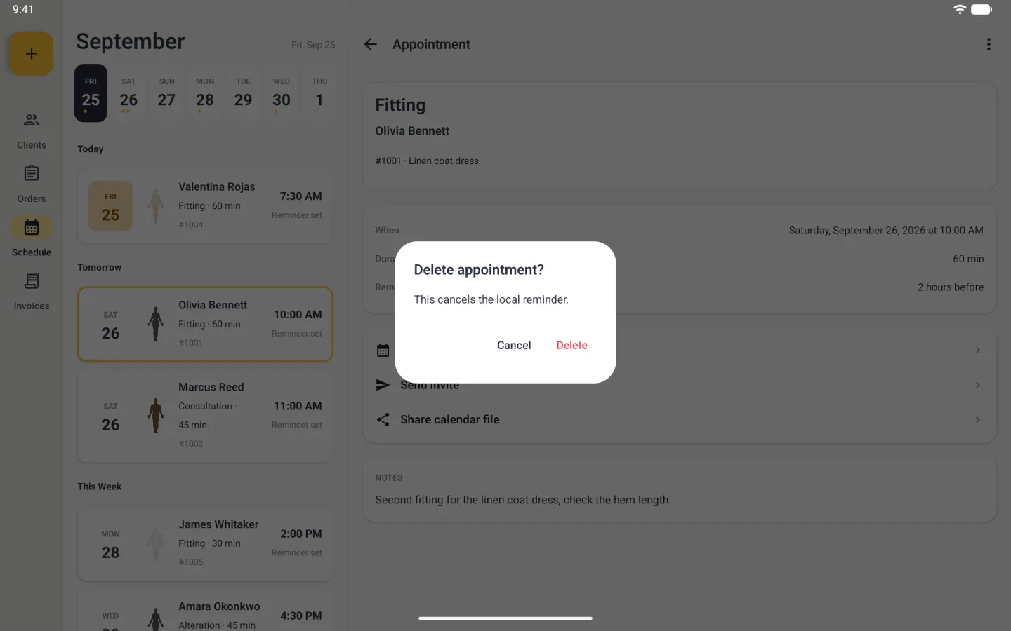 Centred white dialog over the dimmed Schedule list and Appointment detail reading Delete appointment? with the line This cancels the local reminder, and two text buttons, Cancel in navy and Delete in red.