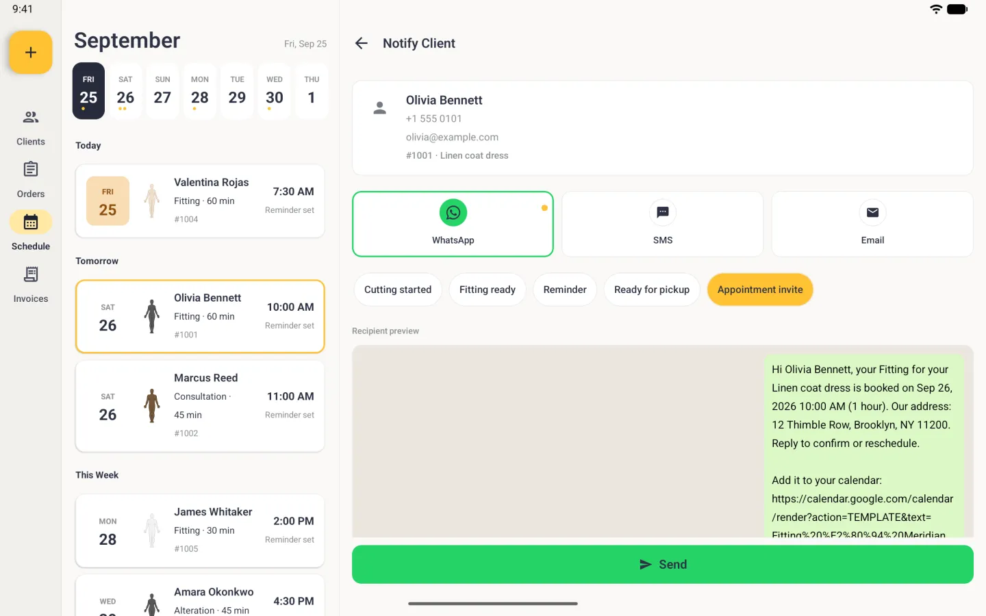 Schedule list on the left and Notify Client in the right-hand pane for Olivia Bennett, with her phone, email and order 1001 in a card at the top, the WhatsApp tile selected in green with a gold dot marking her preferred channel, all five template chips on one row with Appointment invite highlighted gold at the end, and a pale green bubble on a beige panel reading Hi Olivia Bennett, your Fitting for your Linen coat dress is booked on tomorrow's date at 10:00 AM (1 hour). Our address: 12 Thimble Row, Brooklyn, NY 11200. Reply to confirm or reschedule, followed by Add it to your calendar and the start of a long link. A green Send button spans the bottom of the pane.