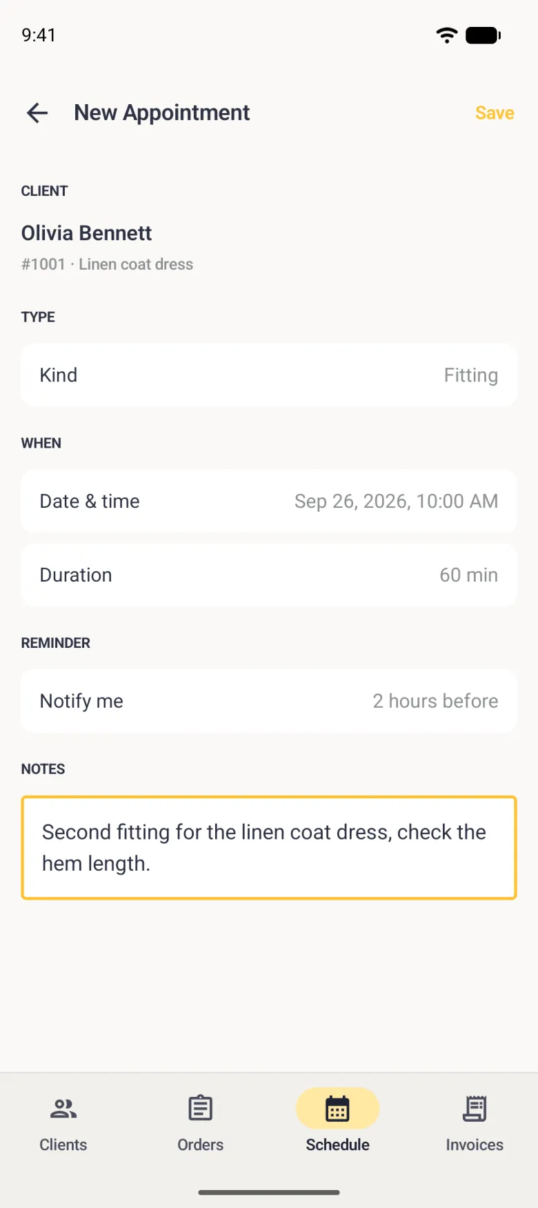 Completed New Appointment form for Olivia Bennett, order 1001, Linen coat dress: kind Fitting, date and time Sep 26, 2026, 10:00 AM, duration 60 min, Notify me 2 hours before, and a Notes box with a gold outline reading Second fitting for the linen coat dress, check the hem length. Save is gold at the top right.