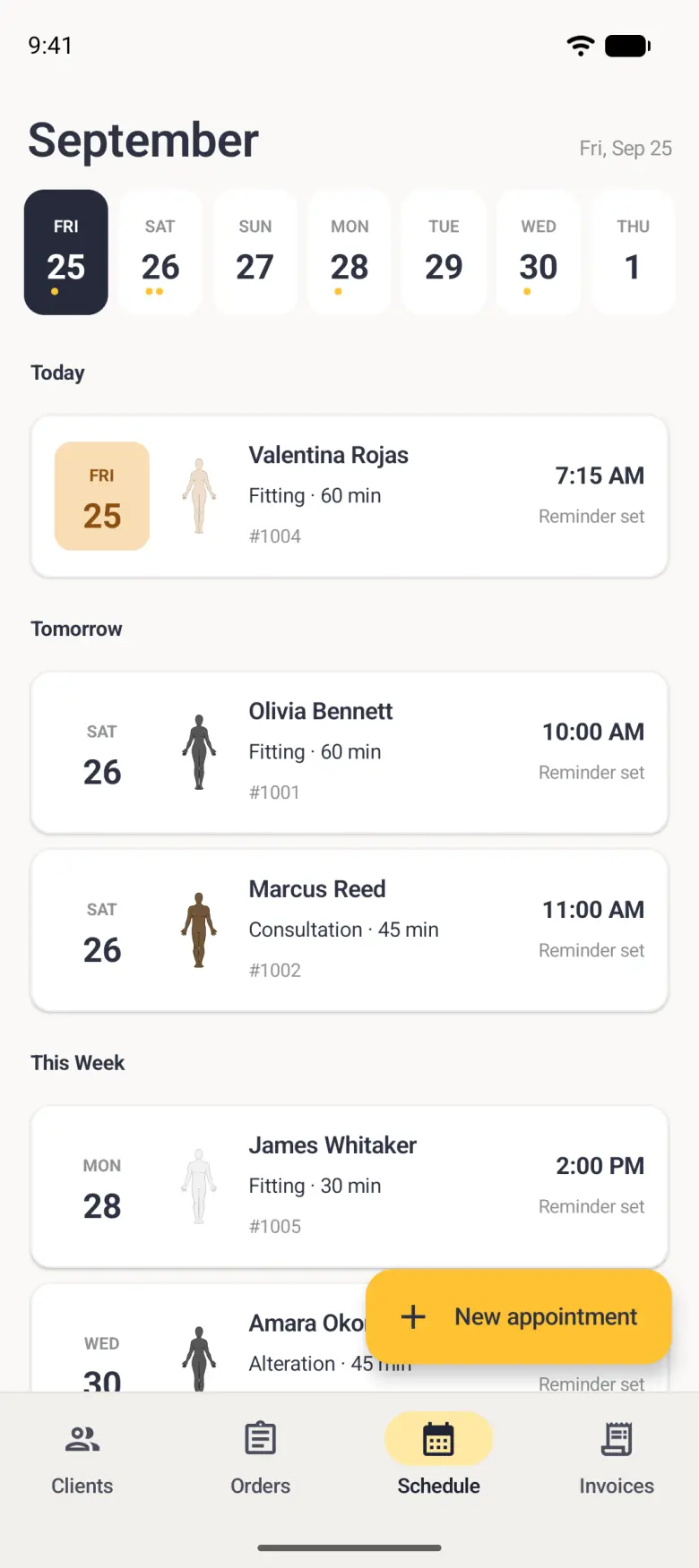 Schedule screen with the new sixty minute fitting for Olivia Bennett on order 1001 first under Tomorrow at 10:00 AM, marked Reminder set and led by her charcoal body figure, above Marcus Reed's consultation. Tomorrow's pill in the day strip now carries two gold dots.