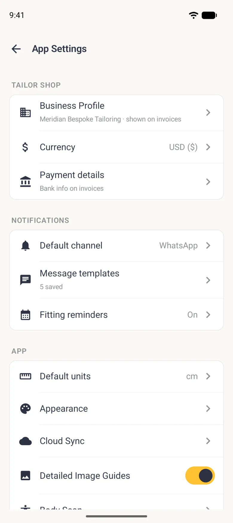 App Settings screen with a Tailor Shop group above a Notifications group listing Default channel set to WhatsApp, Message templates with 5 saved underneath, and Fitting reminders reading On, each row with a navy icon and a chevron.