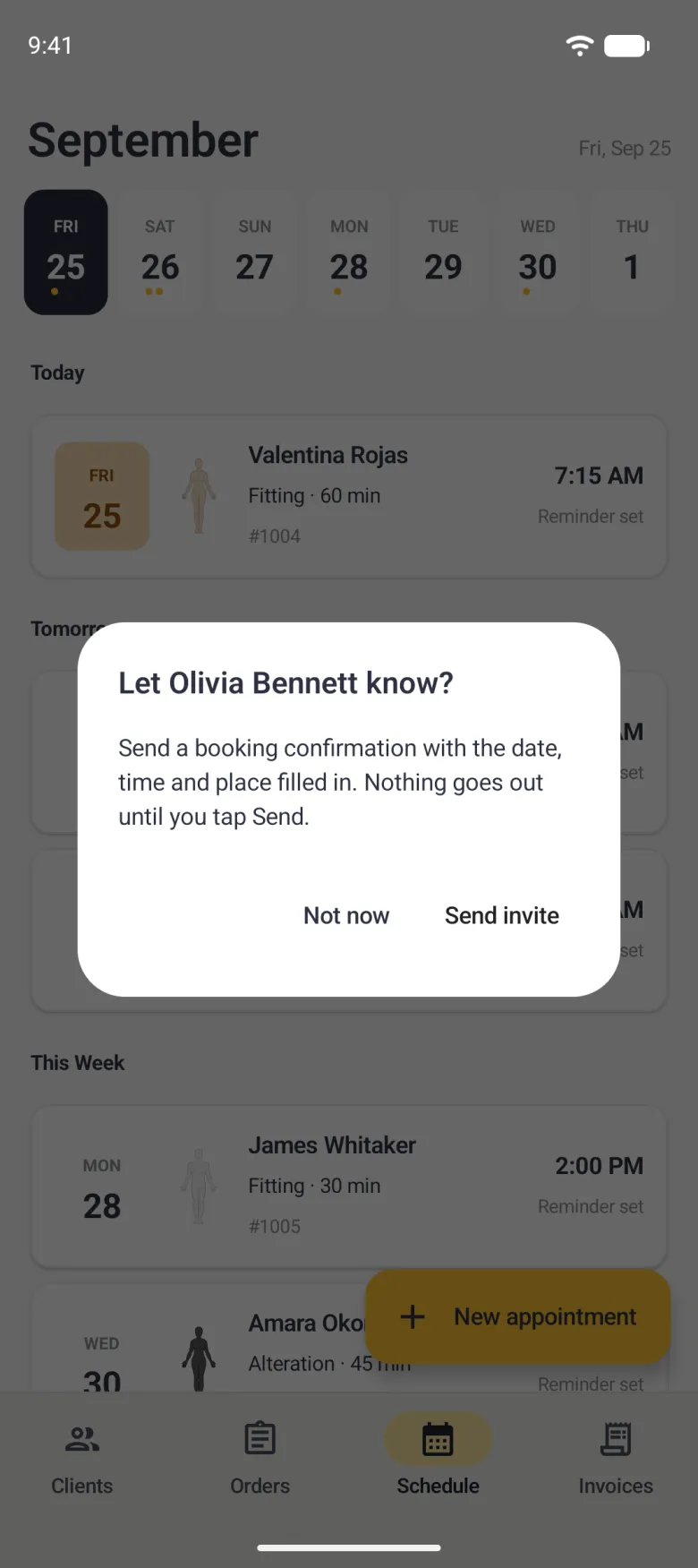 Centred white dialog over the dimmed Schedule reading Let Olivia Bennett know? with the line Send a booking confirmation with the date, time and place filled in. Nothing goes out until you tap Send, and two text buttons, Not now and Send invite.