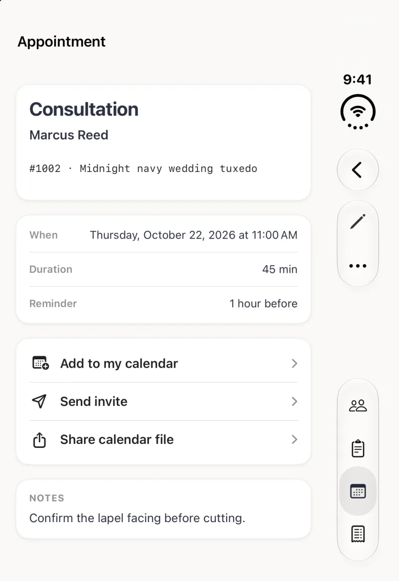 Appointment screen on the closed iPhone Duo with a back button and a capsule holding a pencil and a three-dot button in the vertical bar strip on the right edge. A card reads Consultation, Marcus Reed, and order 1002, Midnight navy wedding tuxedo. Below it, When reads Thursday, October 22, 2026 at 11:00 AM, Duration 45 min and Reminder 1 hour before. A card of three rows reads Add to my calendar, Send invite and Share calendar file, and a Notes card reads Confirm the lapel facing before cutting.